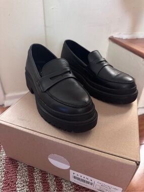 Portland Leather Patina Zoe Chunky Black Leather Penny Loafers - 7.5